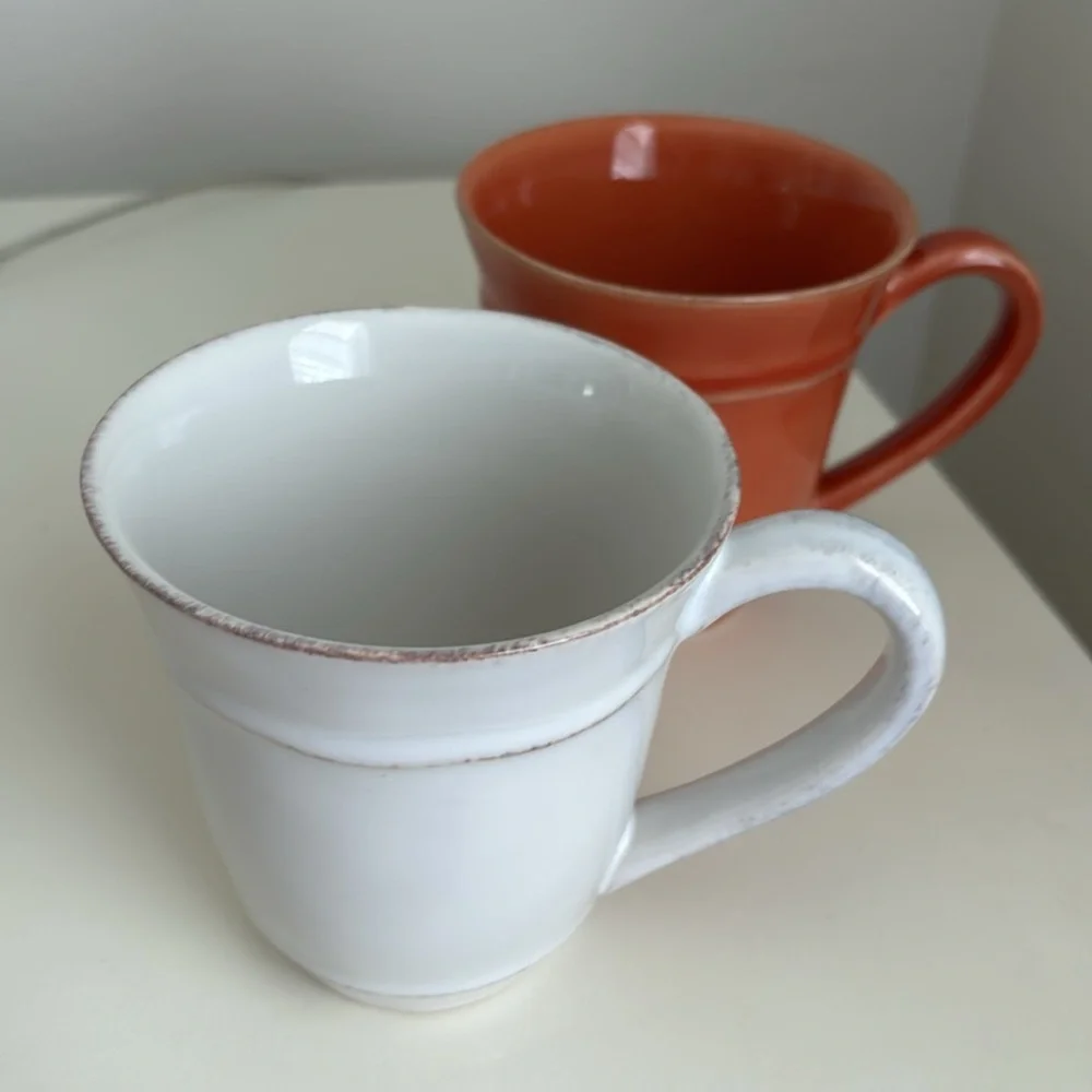 2 Pottery Barn Coffee Mugs Handcrafted in Portugal Terracotta/ Rust White